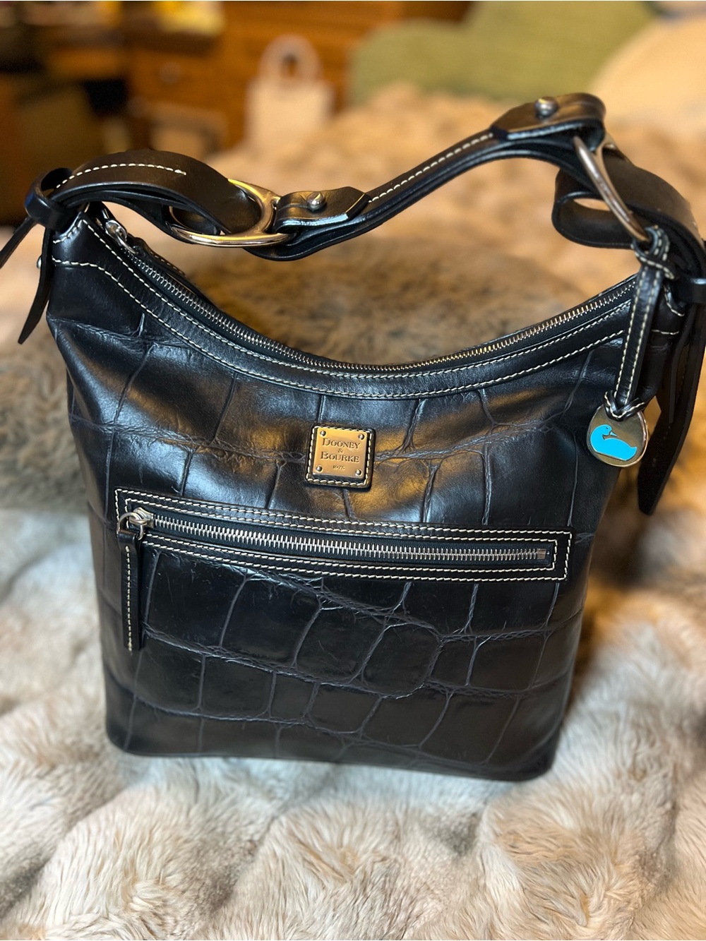 EUC Dooney & Bourke black croc-embossed genuine leather hobo bag (MSRP $375)
